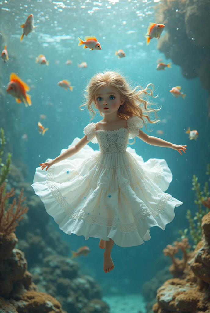 She swims gracefully in the beautiful blue sea with countless clownfish. light is shining from above, BJD, doll joints, doll joints, doll joints, BJD made of pure white glazed ceramics, full body, wide angle lens, A fantastic and aesthetic image, Large half-closed golden glass eyes, green very long hair, a thin and haggard face, face without makeup, The ball-jointed doll is modeled after a 18-year-old woman, European features, silk white long tube top dress, slender limbs, beautiful detailed face, focus on face, beautiful artwork, High-definition, 4k, 8k,