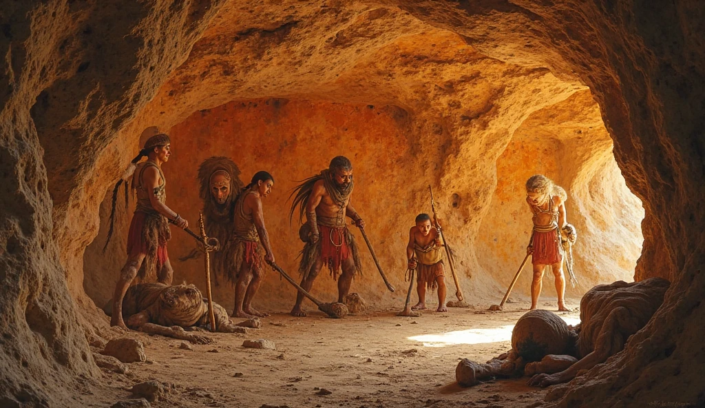 Imagine a rocky landscape with sparse vegetation. A group of early humans, with unkempt hair and simple animal-skin clothing, are gathered around a large, flat rock, creating rock art with crude tools. Nearby, others are using microliths to carve spears and arrows, preparing for a hunt. The atmosphere is one of survival and creativity, with people moving cautiously through their environment.