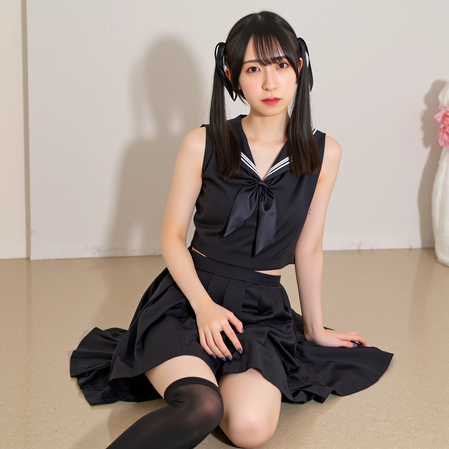 Tiny、cute、Childish、Finely shaped eyes、Clear skin、black eye、Black Hair、5Head to Body、Narrow shoulders、Thin legs、body(slim)、Pixie Cut、Sailor suit、collar(grey)、Ribbon on chest(blue)、