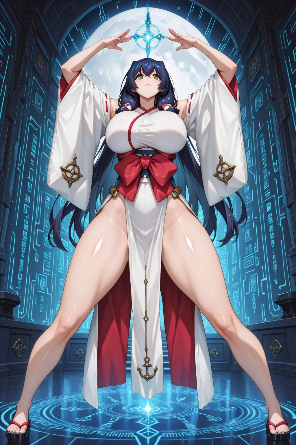 (((masterpiece))),(((best qualtiy))),((Ultra detail)),(illustration),huge tit,1girl, Dummy thicc, Exposed kimono,Kitsune wife in japanese palace, Facing the audience ,Take off half of your kimono,Long straight black hair,Largest breasts,Clean smooth and delicate white silk long legs,Gorgeous red Japanese kimono , Fox ears and nine fox tails , Thicc thighs , Tall woman , Seductive smile