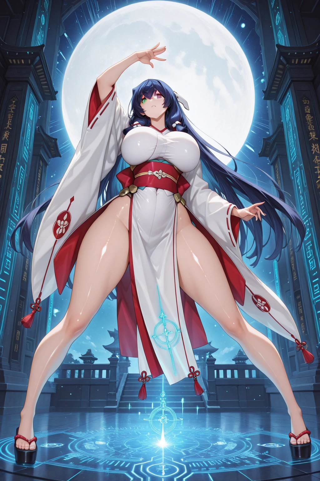 Thick thighs, large breasts, exposed stomach, Japanese clothing, long hair