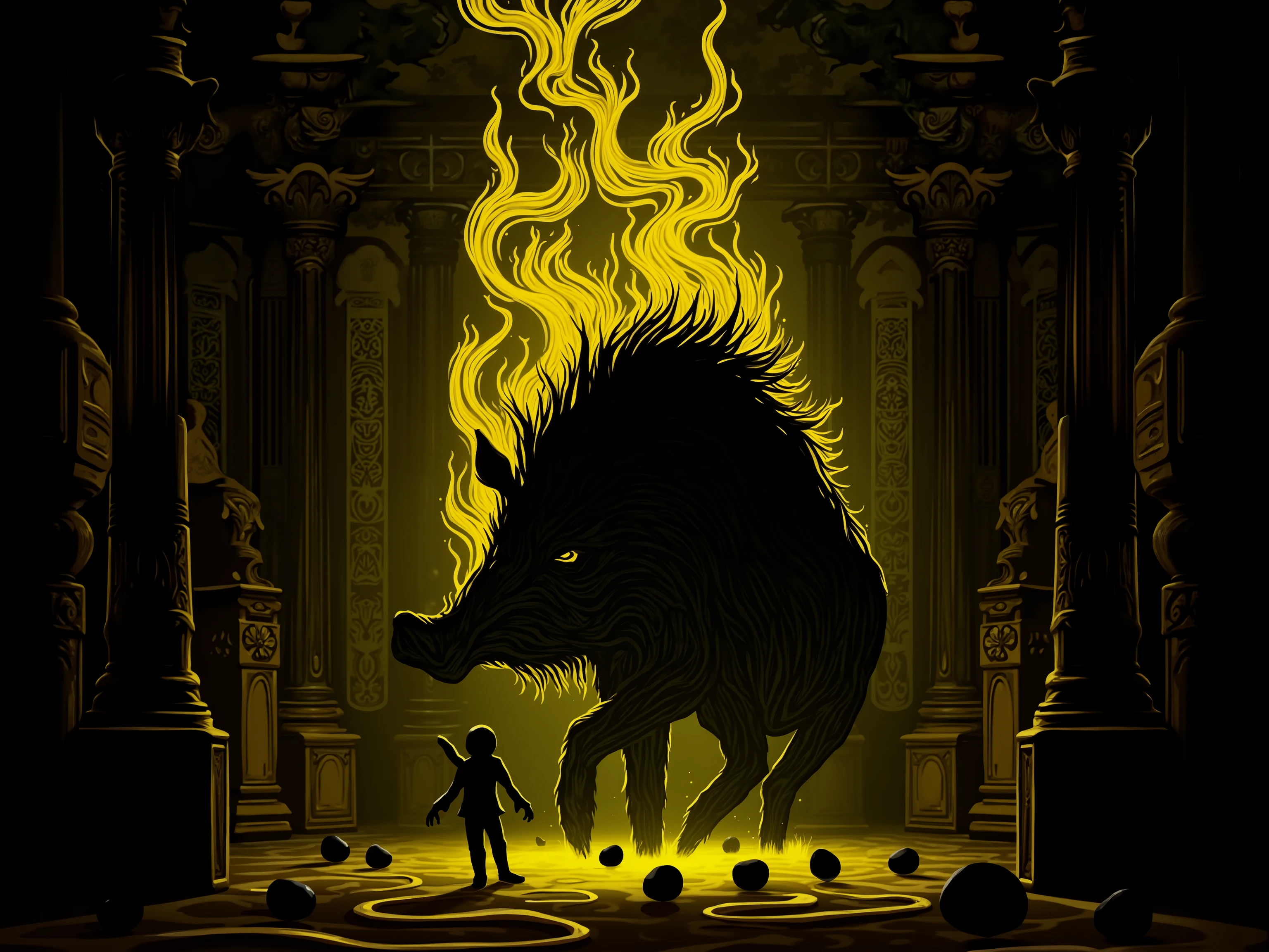 4pp4l4chi4 Folk Horror, NieR, a large boar made up of swirling yellow and black shadows, in a brightly lit baroque ballroom, eggs made of swirling yellow and black shadows 