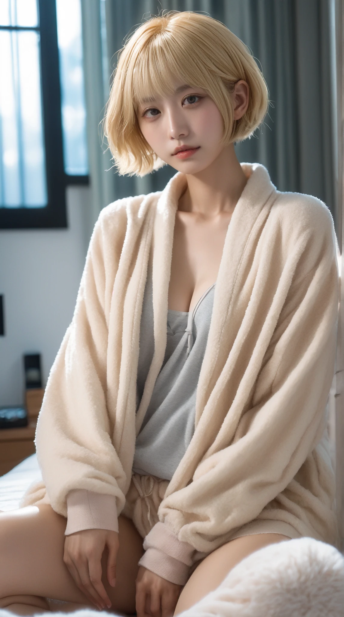 (masterpiece, highest quality, highest quality, Official Art, beautifully、aesthetic:1.2, Cinema Lighting、Key light at 45 degrees from the front, Subsidy light、Soft Backlight), Realistic depiction、photograph、Realistic portrayal、super real、RAW quality、
Beautiful face、Perfect round ass、the body is slim、Fit and body、Pale skin、Shiny, Bright Eyes、length eyelashes、
1 girl、alone、
accurate to the human body、Correct five-finger、Perfect human body、Knowledgeable person、Highly detailed face and skin texture、Natural neck length、(beautiful Hands)、beautiful, length, Thin legs、straighten both legs、Stretch out your arms、
Perfect human body、Accurate human body、A perfect and accurate left hand、A perfect and accurate right hand、Perfect and precise fingers、
,Earrings,Big cleavage、
slim, (kind, Goddess-like eyes, happiness: 1.2), (Lip gloss, eyelash, Terrible face, highest quality, Ultra-high resolution, Wide Lighting, Natural Shading), Absolute area、
(((All of these pajamas are made from super fluffy fleece material.:1.8, zetai ryoiki, All of these pajamas are made from super fluffy fleece material. Mini shorts:1.3, Thick white horizontal stripes))),
Detailed Background、
Background Blur、Detailed and beautiful background
((Random hand gestures)),
(Blonde pixie short hair:1.3)、
Accurate 5-finger、Accurate human body、The perfect human body、
A room with a living feel、(((Big Breasts))),Dark bedroom、Luxury Love Hotel、Bold Pose、Sexy、Sensually、Ecstatic Face、To be spoiled and fawning、Wide legged、(Sensual ecstatic smile:1.5)