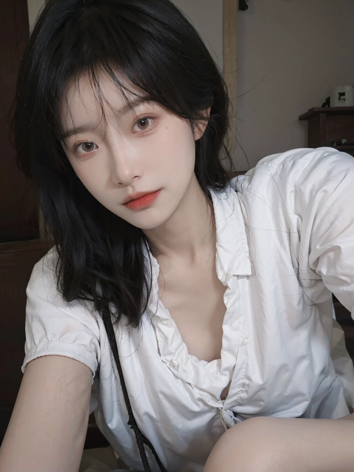 Best quality，masterpiece，Ultra-high resolution，（Photo Realism:1.4)，Girl，Sexy，cute，（shirt:1.2），（Big breasts:1.3)，（whole body：1.4）