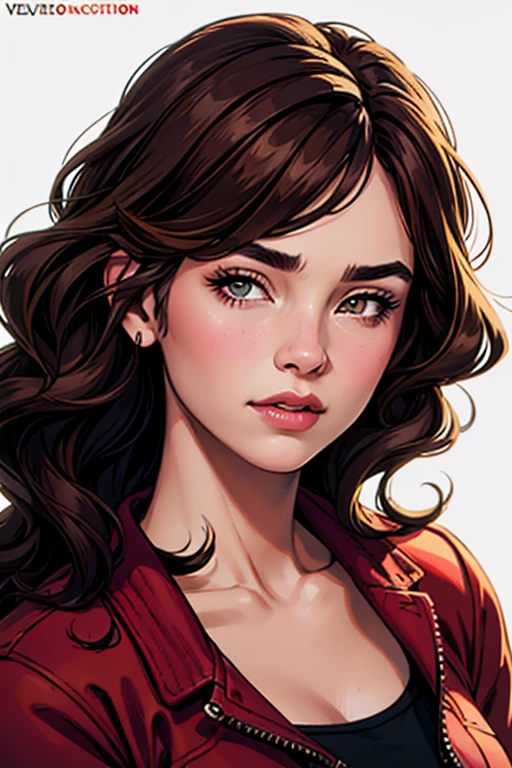 (best quality,highres,masterpiece:1.2),ultra-detailed,realistic eyes,beautiful detailed lips,extremely detailed eyes and face,long eyelashes,Brie Larson-esque face:1.1,aspects of Selena Gomez, Vanessa Hudgens, and Hailee Steinfeld:1.1,Colombian body:1.1,erotic clothing,pin-up style,attractive pose, standing, wearing a red leather jacket with fire symbols, professional lighting,lush background,artistic composition,vibrant colors.