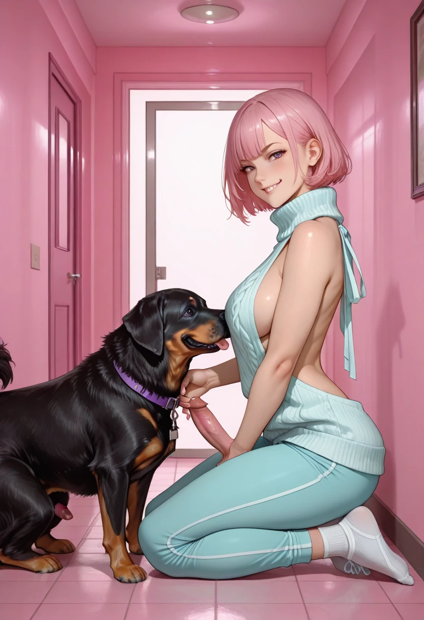 Super best quality、Ultra-high resolution、Beautiful details、Ultra HD quality、1 girl、Cute 13 year old girl、Completely naked、pubic hair、Medium sized breasts、Pink Hair、bestiality、Doggy style sex、Being by a dog、Animal Sex、having sex with a dog、Dog penis in pussy、Panting expression、Moist with tears、A large amount of love juice is dripping from the pussy、Beautiful pink nipples、Low - Angle