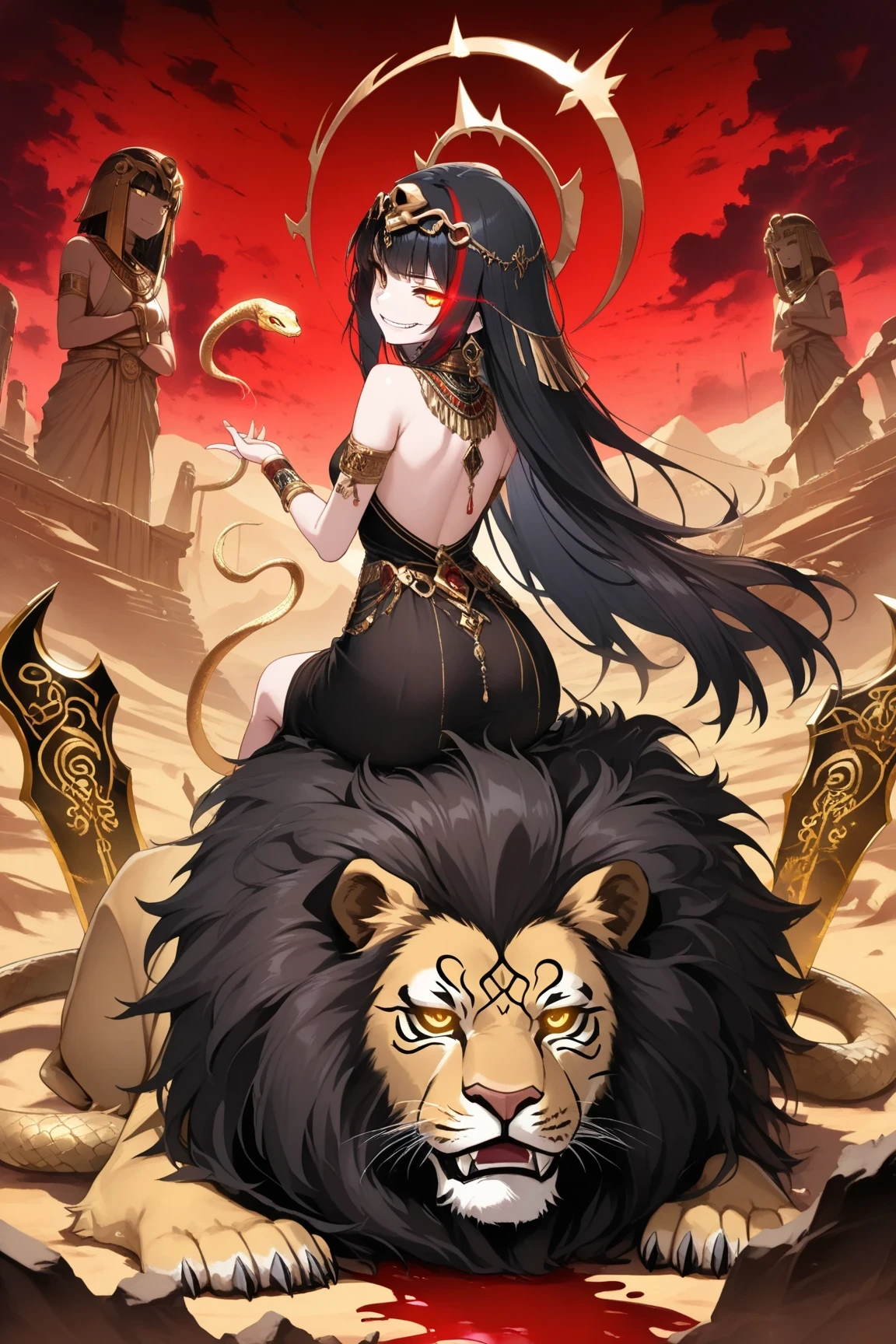 (masterpiece, creative concept), anime style, medium full body shot of an Egyptian-inspired royal princess with a wicked grin and sharp glowing eyes, wearing a luxurious black and gold ancient Egyptian dress with ornate jewelry, golden snake armband, elaborate headpiece with gems and feathers, confidently resting one hand on the back of a massive regal lion with golden eyes, the lion sitting calmly by her side, desert ruins and giant statues in the distance under a blood-red sky, swirling golden sands and glowing ancient glyphs, cinematic lighting with deep shadows, powerful and sinister atmosphere, ultra detailed, best quality, masterpiece