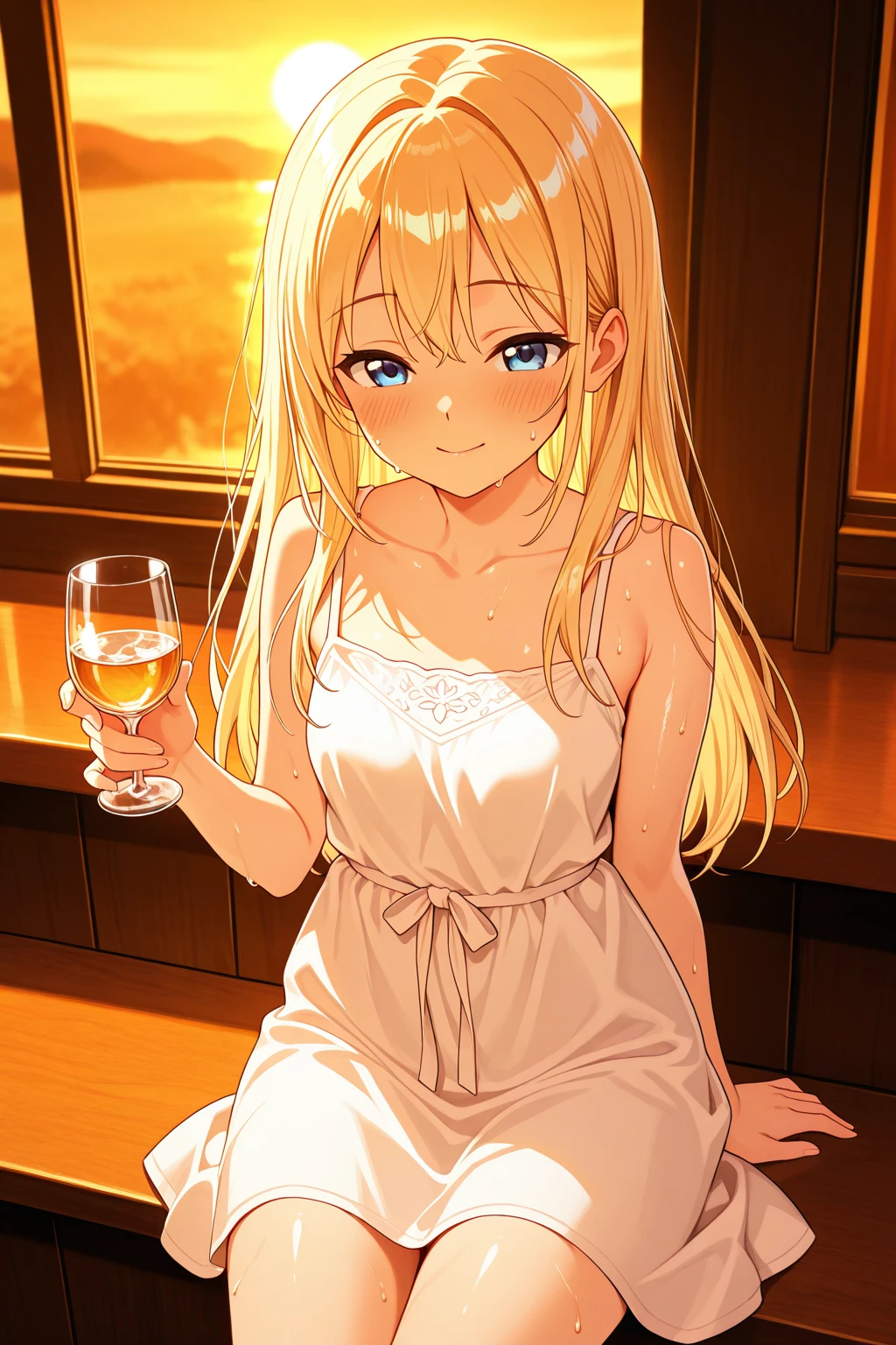 (Top quality illustrations:1.2), (pretty girl:1.1), (1 Girl、17 years old、Top quality illustrations:1.2), (1 Girl、Kind eyes、blue eyes:1.2)、blonde、Semi-long hair、mature、Beautiful breasts 、Sheer tank top、((Full nudity))、summer、blue sky、Sweat、profile、Drink water、PET bottles、Wet