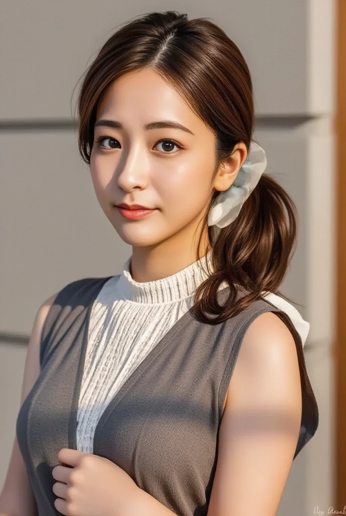 (masterpiece:1.5)、(Realistic:1.5)、(Highest quality:1.4、8K、RAW Photos）、 Ultra-high resolution、Professional Lighting、Perfect dynamic composition、Outdoor Shot、 Film Grain、chromatic aberration、(Bokeh:1.1)、 Frank、Sophisticated、charm、Surreal、High detail、Golden Ratio、 (1 Girl)、Slender girl、繊細でcharm女の子、Cute Woman:1.4、 Serious expression、Looking at the audience、Various poses、 Light brown hair、Shiny Hair、Hairstyle: ponytail、 Realistic looking skin、 shut up.、Beautiful Eyes、double eyelid、Thin arms、、 (Wearing a white ribbed turtleneck sleeveless dress:1.3), (Ultra-realistic pantyhose),
