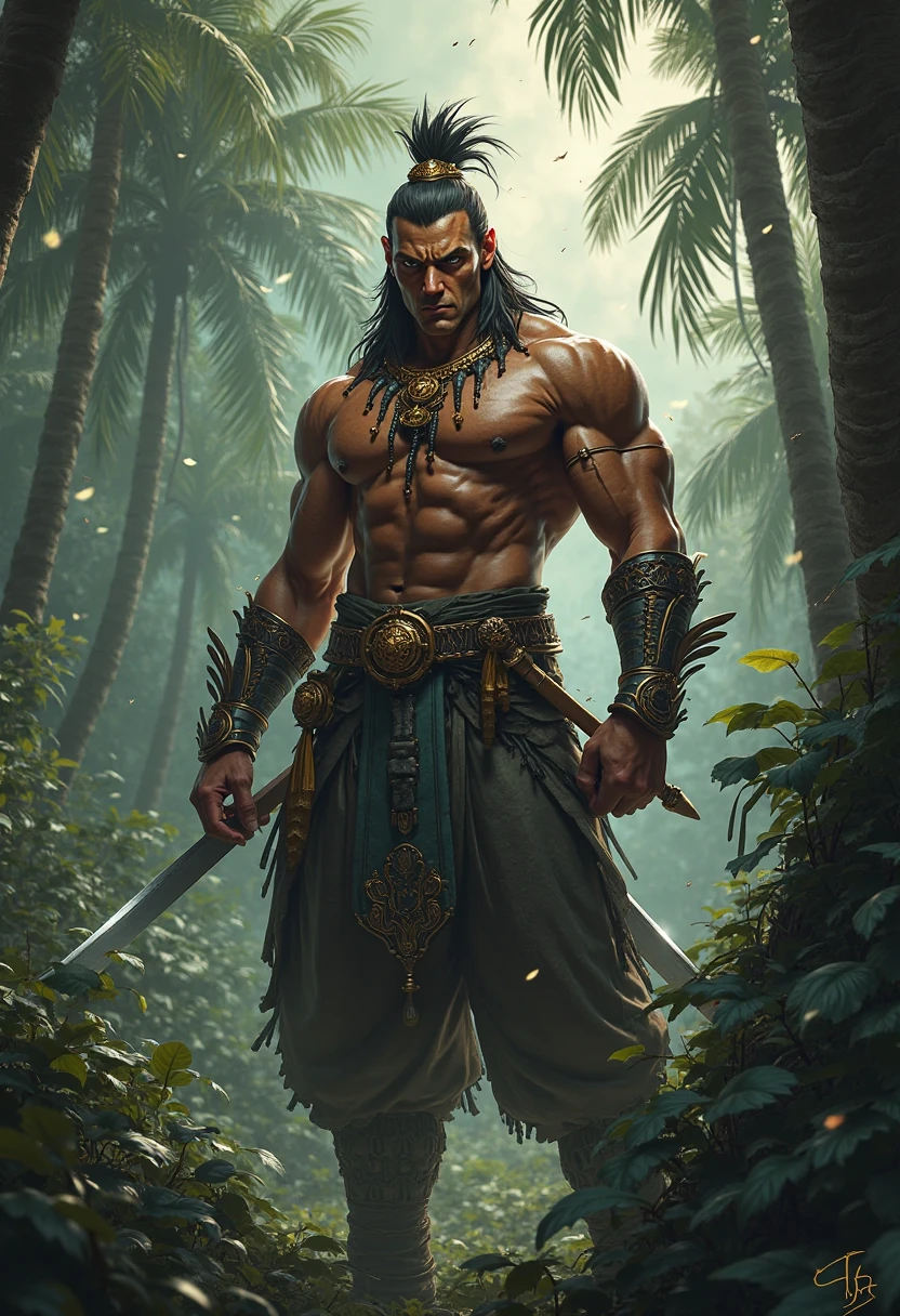 A man in jungle with hold a sword