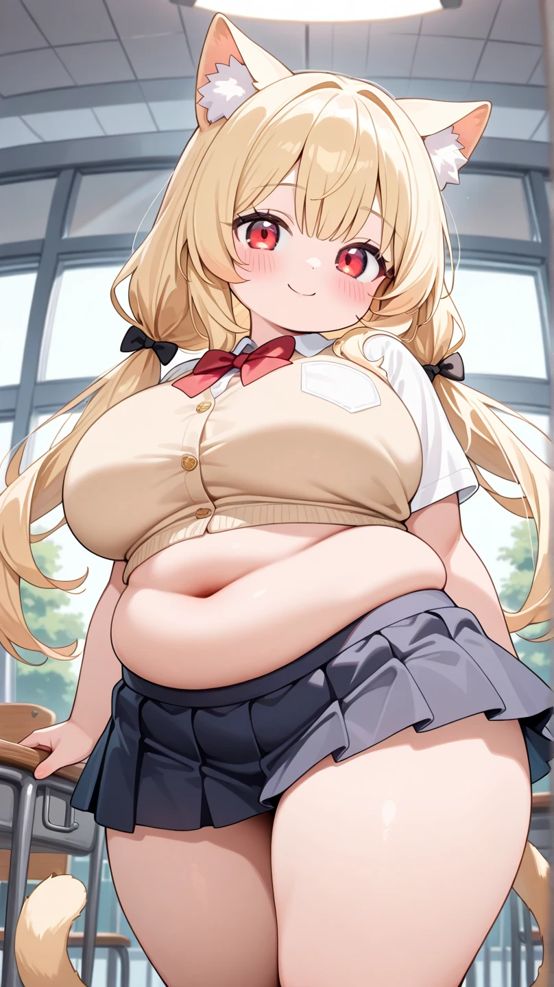 masterpiece, best_quality, 1girl, solo, super pochaco, blonde hair, plump, (huge breasts:1.2), thick thighs, lying, on back, cameltoe