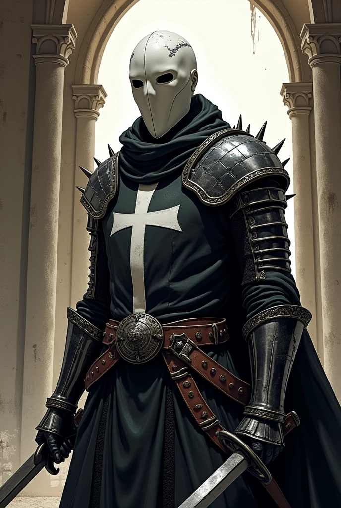 Create an artwork in the style of Elden Ring featuring a zombie knight named Mr. Fear. He has green skin, a missing right eye, and a black left eye. There's a hole on the left side of his cheek. His hair is white, messy, and shoulder-length. Mr. Fear wears a medieval helmet with a cross-shaped visor. He sports a dark gray shirt with a large black cross in the center. His forearms are covered in armor, and his left hand's fingers are bare bones. He also wears a tattered black tunic, armor from the waist down, and a black tattered cape that reaches his ankles.