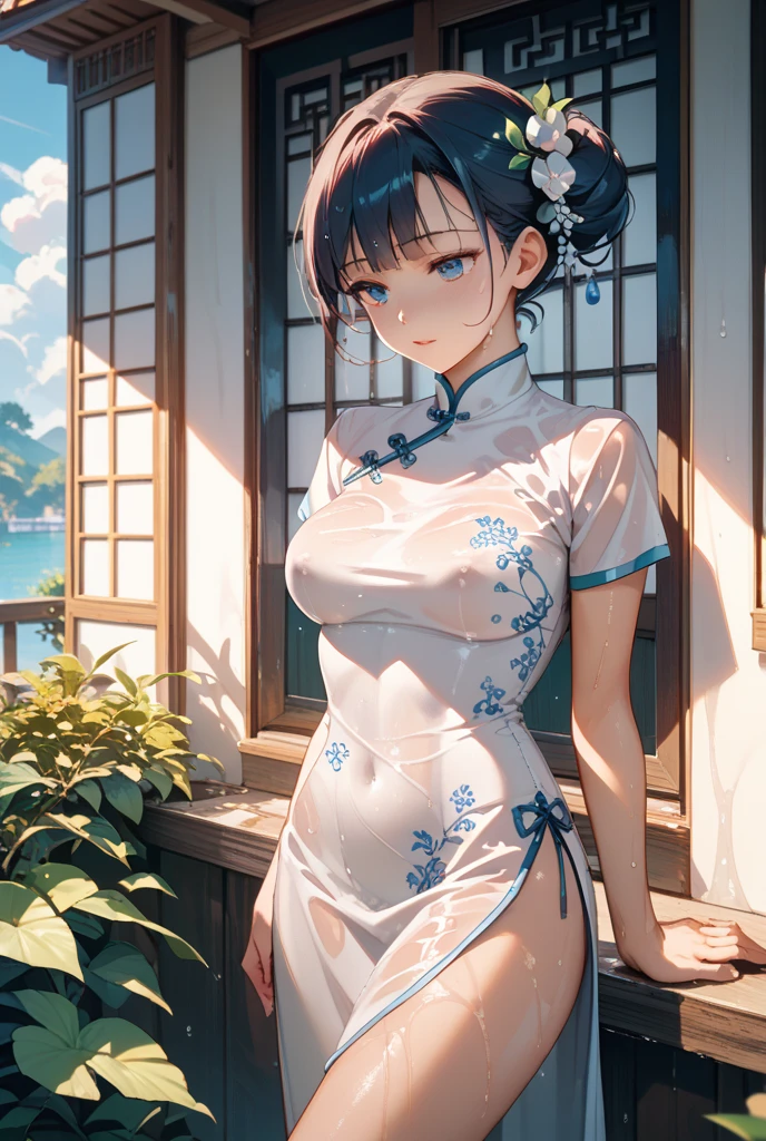 Here is a detailed profile for creating a photo of a thoughtful young Chinese lady:

**physical description:**
- **kor:** 22 years - **Height:** 1,65 meters - **Weight:** 55 kg
- **body type:** Delicate and slender - **muka:** Oval, with soft and feminine features - **Skinned:** Pale with a touch of rosy cheeks - **hairs:** long, smooth and black, falling gently to the waist. Some locks are loose framing the face.
- **eyeballs:** big teats, almond shaped and a deep shade of dark brown. distant gaze, como se estivesse perdida em pensamentos.
- **eyebrows:** Thin and well-defined, gently arched.
- **lips:** Fine, pink, slightly curved downwards, suggesting introspection.
- **tenue:** Traditional Chinese Dress (cheongsam) de that, with a delicate floral pattern in blue and white tones. The dress is elegant, with embroidered details on the collar and sleeves.
- **Accessories:** A delicate jade pendant around the neck and thin silver bracelets on the wrists. Using a wooden comb decorated with lotus flowers in your hair.

**Position e enviroment:**
- **Position:** Sitting on an old wooden bench, from sideways, with one leg bent and the other gently touching the floor. One hand rests in her lap while the other delicately holds an old book.
- **expression:** look lost in the horizon, with a serene and contemplative expression.
- **enviroment:** A traditional Chinese garden, with bamboo trees in the background and a peaceful lake next door. Lotus flowers float on the water, and a light breeze seems to move the leaves around.
- **Lighting:** Soft late afternoon light, creating light shadows and highlighting the delicate contours of the face and clothing.

**Instructions for the Photographer:**
Capture the young woman&#39;s serenity and introspection. Emphasize the contrast between the lady&#39;s delicacy and the robustness of the surrounding natural environment. Use natural light to accentuate skin details, hair and costume, creating an atmosphere of tranquility and contemplation.
