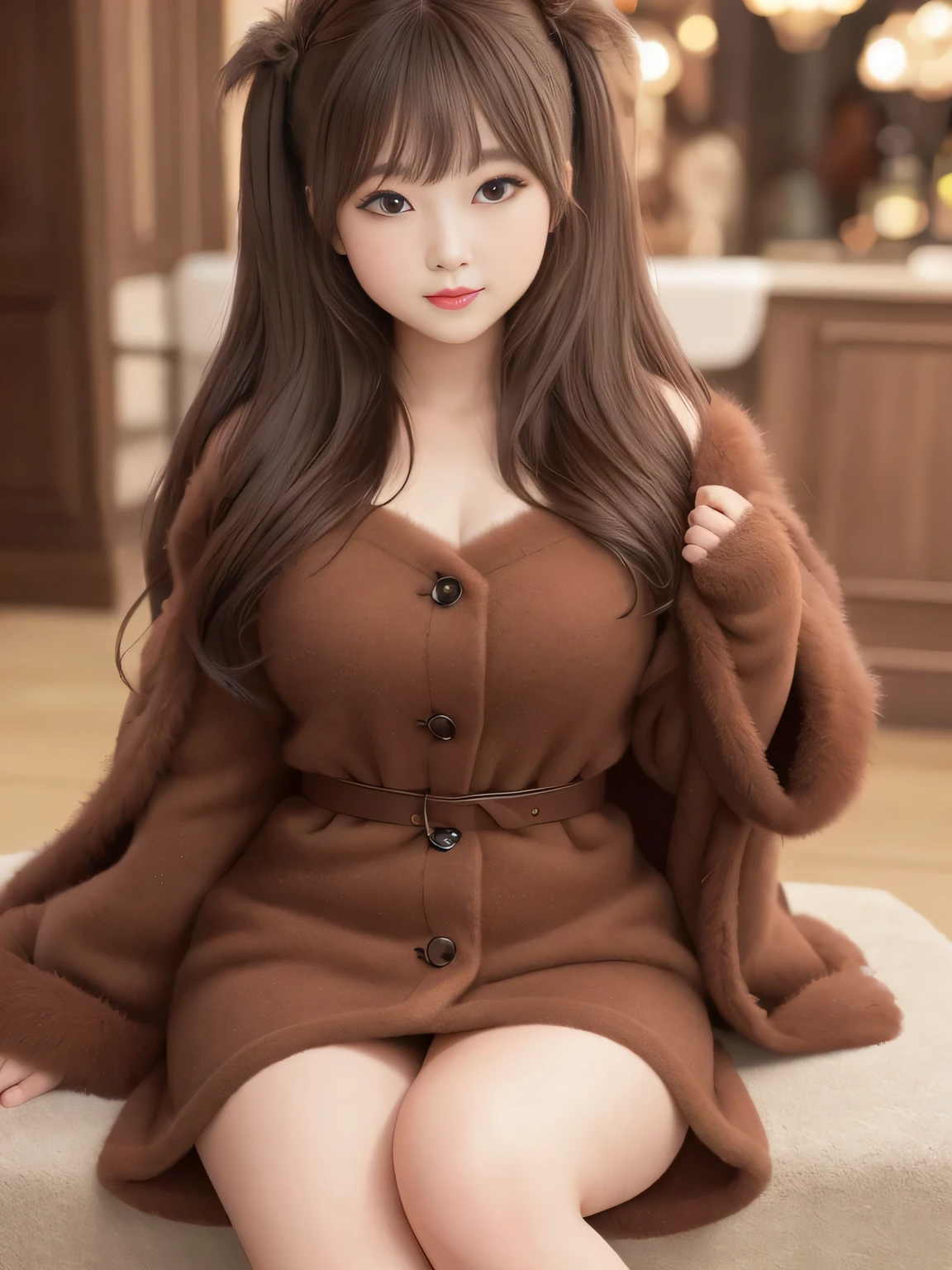 (top quality)、masterpiece、Hyperrealism、princess who sits with her legs open in an m shape、
Masquerade、Mask-wearing party、hiding their identity and enjoying free interaction、medieval European court、
A wonderful night、gives this scene a special charm,Taken with X-T4,85mm,blurred background,
The gang's boss woman,
featuring a woman with sex appeal、The girl is an enchanting princess、 Glossy Brown Hair 、middle twin tail、
cute、lips、perfect body、((fur cashmere coat))、miniskirt、Chubby Glowing Thighs、embarrassed expression、amazing beauty、