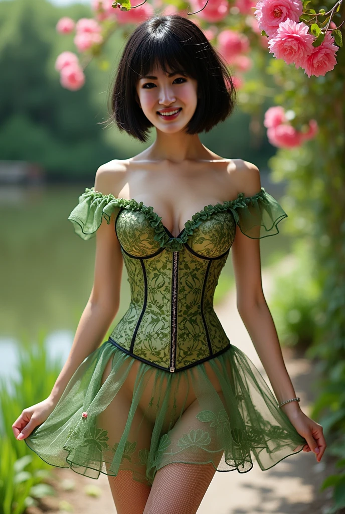 Perfect light effect, black stockings, camel toe, seduction, tease, 21 year old girl, slim abs, perfect, curly hair, on green lawn