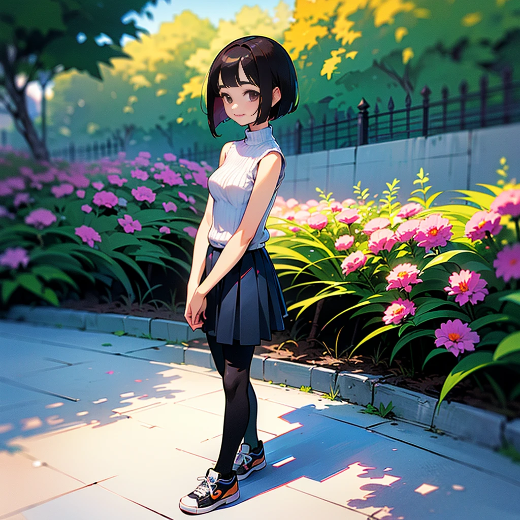 (high quality, High resolution, Very detailed, reality:1.37), Peaceful atmosphere, (Outdoor, garden), Teenage girl standing alone, (my  are big.), Beautiful details, Cute Smile, (Black bob hair), camisole, Denim skirt, Blue socks, sneakers.