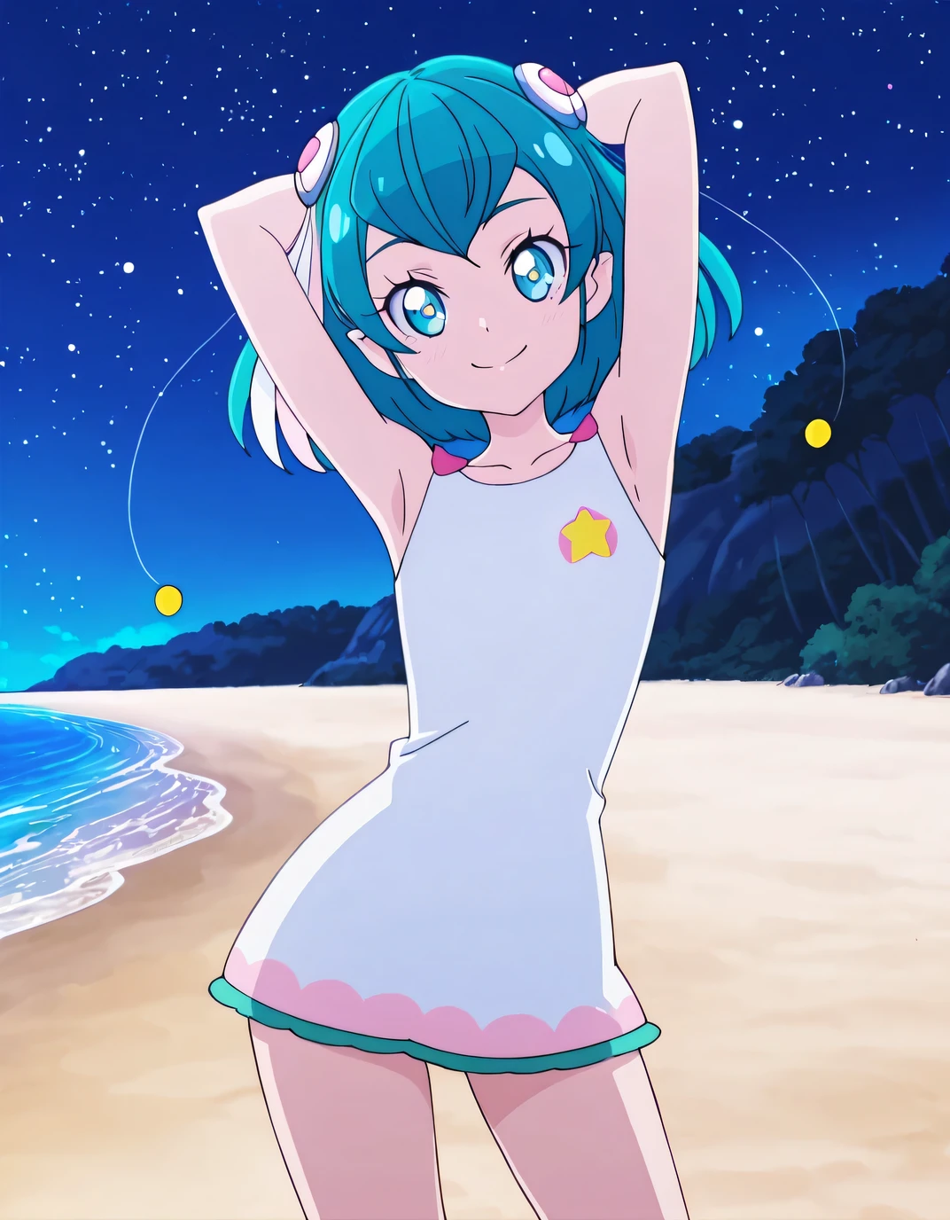 hagoromolala, hagoromolala, lalapajamas, white shirt, sleeveless, <lora:hagoromolala_IL:0.8>, anime screencap, high quality, closed mouth, solo, cowboy shot, night sky, beach, hands behind head, ((contrapposto)), looking at viewer, smile, best quality,