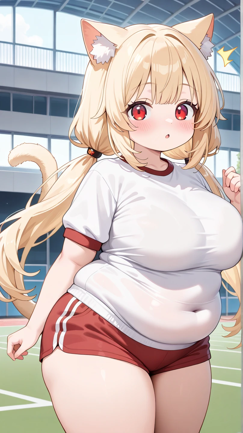 masterpiece, 1girl, (gigantic breast), long hair, (purple eyes), (Gym suit), (white shirt), (gym bloomers), black bow hair, Garden, (looking at viewer:1.1), from below, on back, smile, (bloated belly)