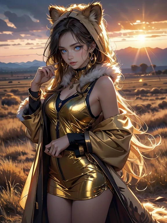 high quality, 4k, masterpiece, beautiful, Rita Faltoyano, cowboy shot, dull eyes, front, looking at viewer, long blonde hair, girl, huge breasts, fit thighs, robotic arms, robotic body, cyborg body, yellow & white uniform, orange accent, intricate detail, joint, detailed lines, robotic detail, holding fist up, holding hand up as fist, color robotic parts, robotic parts with color, perfect fingers, on a desert planet, sunny background, colorful desert, a river or a lake in the background, slender thighs, skinny thighs,