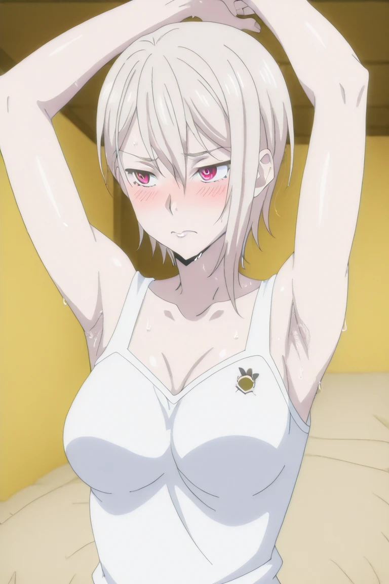 Best Quality, (Masterpiece:1.2), High Detailed, Cat Ears, 1girl, solo, tojo koneko, closed mouth, (cowboy shot), red eyes, white hair, short hair, hair decoration, erotica, sleeveless, skirt, cum,cum on face, healthy skin, ((bra)),standing,