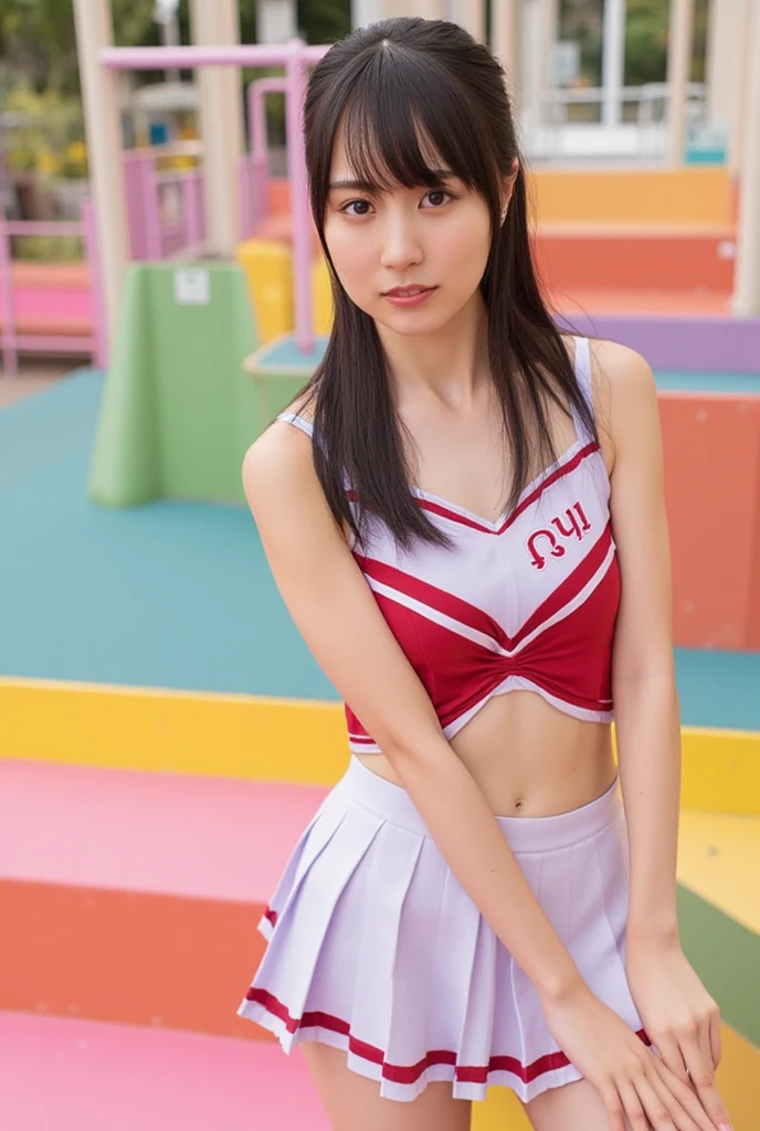 My daughter is a cute,  20-year-old Japanese girl who is as pretty as a 15-year-old idol.、Bikini-style cheerleader uniform、She sits on my lap, pampering me as her father.&#39;Sheet　she&#39;Small bust size、whole body、RAW Photos、Genuine、High resolution、Life、No copyright notice