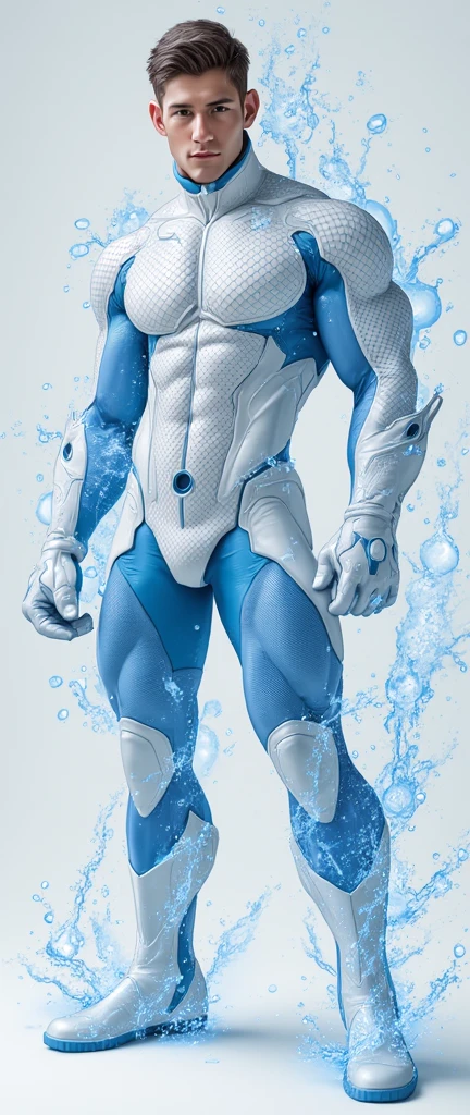 full body photorealistic handsome Hunky water wizard, wearing blue transparent mesh clothing,, splash and water circle everywhere. Waves as the background 
