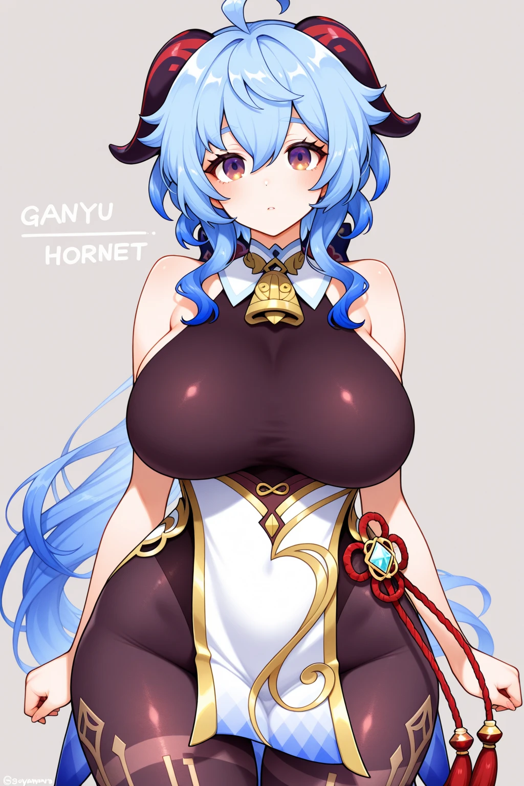 A totally naked woman with purple hair, her body is huge and sexy and she has a thick and long penis, her species is a rabbit with horns, she has ears, a rabbit tail and ram horns, kemonomimi 