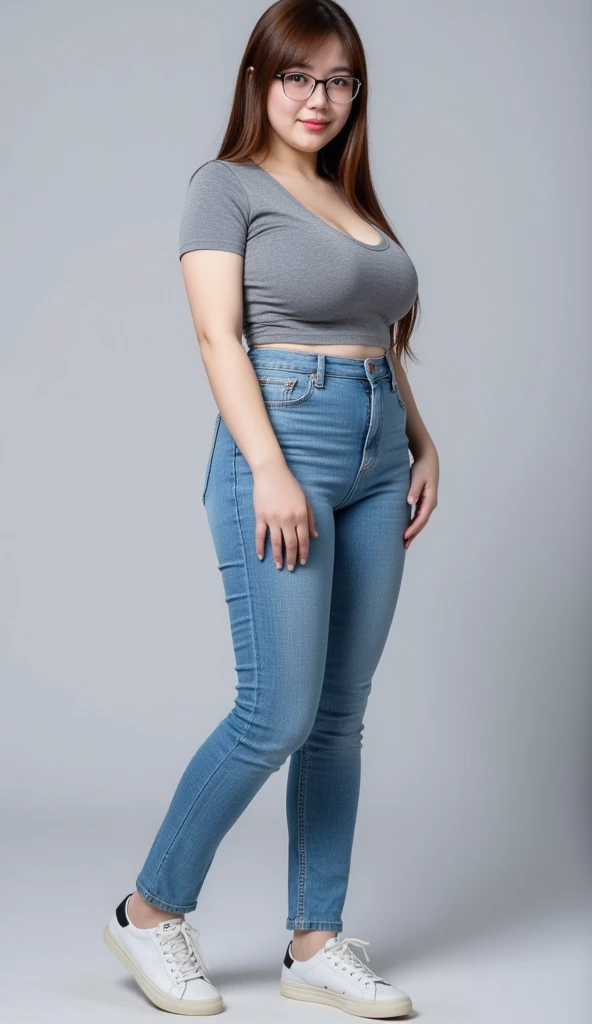 a woman in a black top and blue jeans posing for a picture, skinny waist and thick hips, plus size, beautiful thick female, jeans, blue jeans, jeans and t shirt, casual clothing, plus size woman, wearing tight clothes, she has a jiggly fat round belly, thicc, ripped jeans, curvy hourglass figure, thick thigs