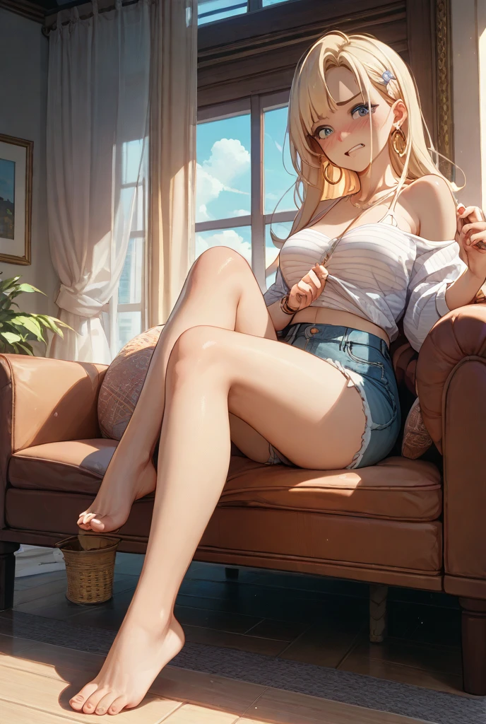 ((full pose:1.4)), ((sky from below:1.4)), best quality,ultra-detailed,high resolution,extremely detailed cg,anime picture,unity 8k wallpaper,
blond hair,blue eyes,long hair,ripped shorts,white shirt,purse,navel,looking at viewer,hair ornament, (seductive smile:1.4)), denim,x hair ornament, ((living room background:1.4)), ((sitting on sofa:1.4)), ((crosed legs:1.4))