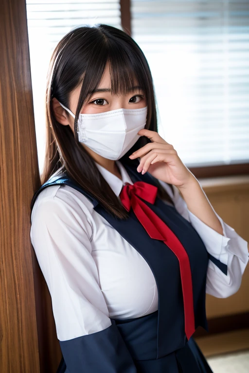 ((Female student sitting on a train seat )),Charming eyes,Heartwarming action,Turn your face away from the camera,stooped,Bend over,turn back,Look up at your head,thick and long black hair,Highly detailed body,Highly detailed face,best qualtiy、(P boobs iNK underwear),(High School Girls),((White Blazer、emblem on breasts))、((Translucent blouse)),((red bowtie)),((navy check flare skirt)),(Black stockings)、((Outside the window, Hazy skyscrapers)),((White lace panties are visible))Very big breasts、(White Face Mask:1.4)