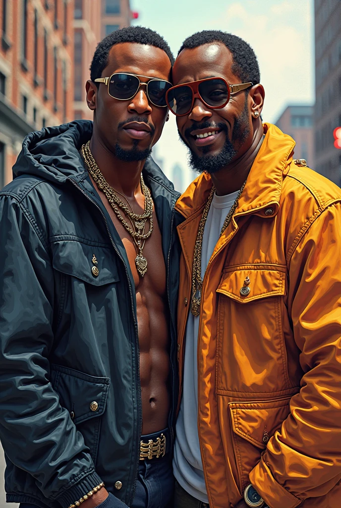 Two rustic gay men, both overweight, are the focal point of the image. The first man is a black man with small eyes, large eyebrows, a prominent nose, and full lips. He has black eyes and a shaved head. The second man is white, with brown eyes, a flat nose, and thin lips. He has straight hair. The white man is taller and bigger overall. The black man has a proportional build but smaller hands, while the white man has broad shoulders, large hands, and very thin legs.
Both men are dressed in leather jackets—one in black and the other in brown. They wear jeans and boots, adorned with jewelry such as rings, gold chains, and gold watches. The background features a triangular wooden and glass house set in a lush forest.
---
This should provide a clear and comprehensive description for creating the image.