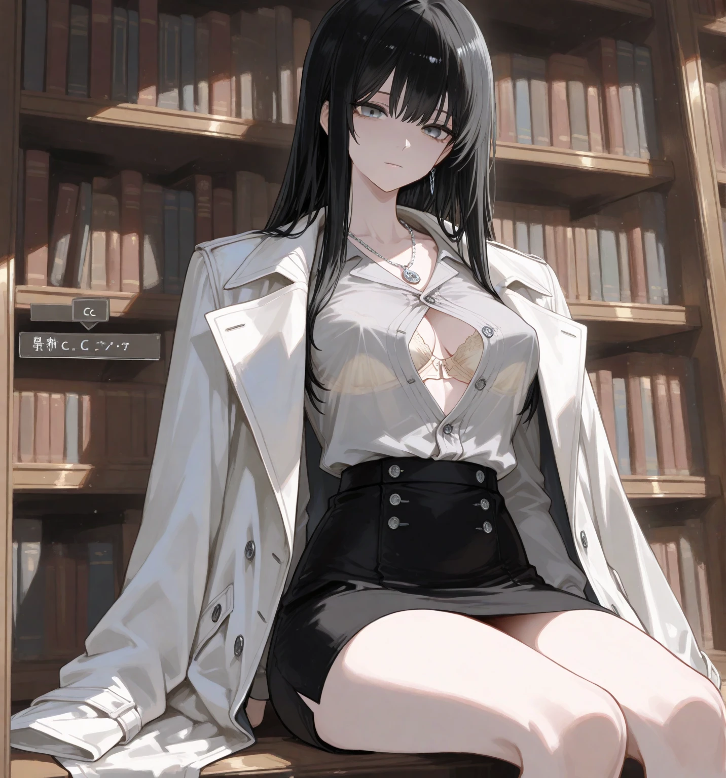 anime girl, 18 years old, long black hair, small breasts, black bra, black panties, bare feet, library, bookcases,  standing,  dramatic lighting, Rembrandt lighting, cinematic lighting, evening, nighttime