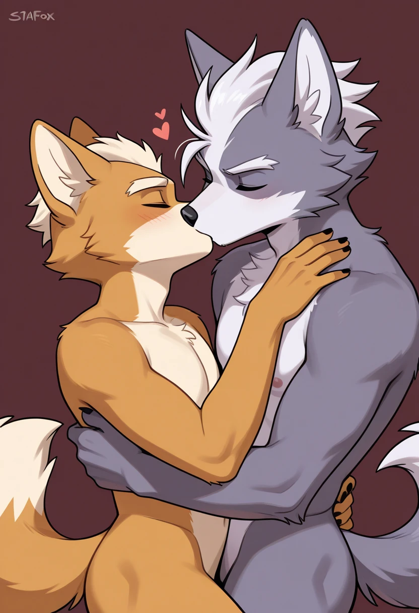 Duo, score_9,score_8_up,score_7_up, source_furry, an Anthro furry shiba inu girl, furry body, female canine, snout, black nose, pointy dog ears, black lips, blue eyes, long platinum blonde hair, long hair, tall and curvy, naked, nipples, ahegao, sex, standing sex, she is getting fuxked by human male, suspended congress sex, human male is grabbing female by the ass, her legs around his waist, she is holding onto him, simple background , side view