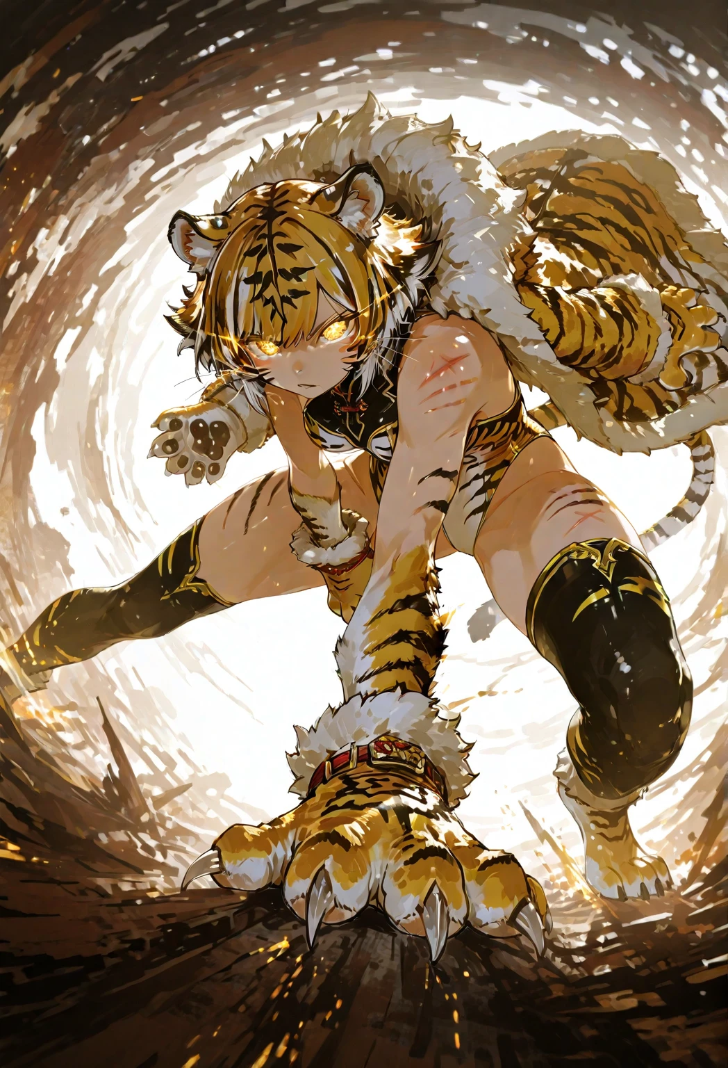 Official art, masutepiece, Sharp Focus,(masutepiece, side lights, Beautiful Eyes of Details: 1.2), 3D Face, Realistic, Perfect face, Absolute resolution, High resolution, Texture, (masutepiece: 1.5), (Best Quality), 8K, (Beautiful Face and Eyes in High Resolution), (girl with), (tiger Girl, Furry girl, Kemono girl, Bad girl: 1.5), (yellow Skin, tiger skin, tiger body, Furry bodyhair, mofumofu, tiger bodyhair, tiger breasts, Colored skin, Kemono nude: 1.5), (tiger arms, tiger hands, tiger legs, tiger feet:1.5), (Attacking:1.5), Spiky ears, (Oily skin, slender, Long breasts, Gooey breasts, Huge breasts:1.5), Full body, Evil smile, (Thick eyebrows: 1.3), thin hip, Bare legged,(black sclera eyes:1.3), on bed, (tiger girl, tiger Skin:1.5), (corruption, turn evil), Detailed legs, Detailed sole, Many lotions