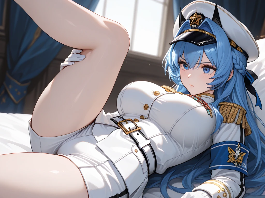 ((best quality)), ((masterpiece)), (detailed), Mommy, captain hat, White Naval uniform, White jacket in shoulder, White stocking, big breast
