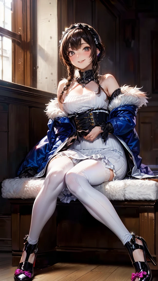 (Best Quality:1.2), (Beautiful detailed:1.2), (1girl:1.3), (Solo1.3), (Detailed eyes and skin), (detailed facial features), nffsw, Perfect Style, Beautiful face, Anatomically correct, Highly detailed face and skin texture, Glossy skin, Sunlight, Ayana_taniguchi, BREAK gothic lolita dress, (wearing (white:1.4 very long dress:1.3) with blue cross motif and lace edges: 1.4), (wearing short sleeves and square neckline: 1.4), (wearing (ankle-length-skirt: 1.45) with bow on waist: 1.4) BREAK (wearing cros motif earrings: 1.4), (white over-knee-stockings:1.4), (white shoes with heels: 1.4), (thick erotic purple eye shadow, purple eyes, (purple lip:1.3), glowing eye, eye trail:1.2), modan and sophisticated atmosphere, lively, absurd resolution, best quality, absurd detailed, ultra detailed background,