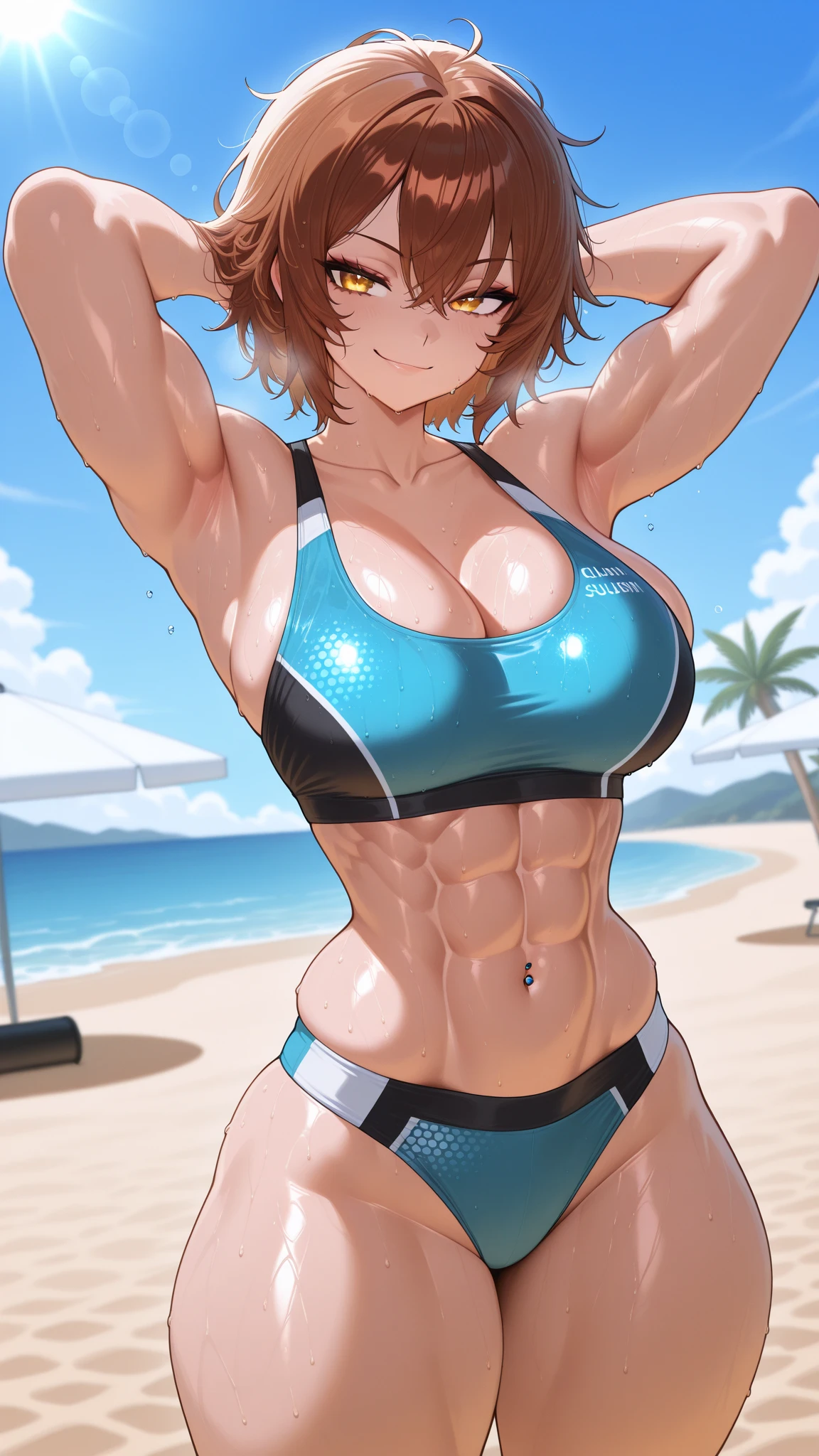 1Girl, (muscular: 0.7), navel, thighs, bare shoulders, simple bottom, sportswear, smile, Big breast, Big butt (masterpiece, high quality: 1.1), perfect eyes, perfectly sexy face, sexy body, Ultra Detailed, large cameltoe, large breasts, erotic pose, micro bikini, bodybuilder, beautiful face, serious face, perfect eyes, perfect body, healthy body, abdomen, muscular, detailed body structure, all parts are clearly visible, dynamic pose, Cameltoe featured, micro bikini, Dynamic background, maken