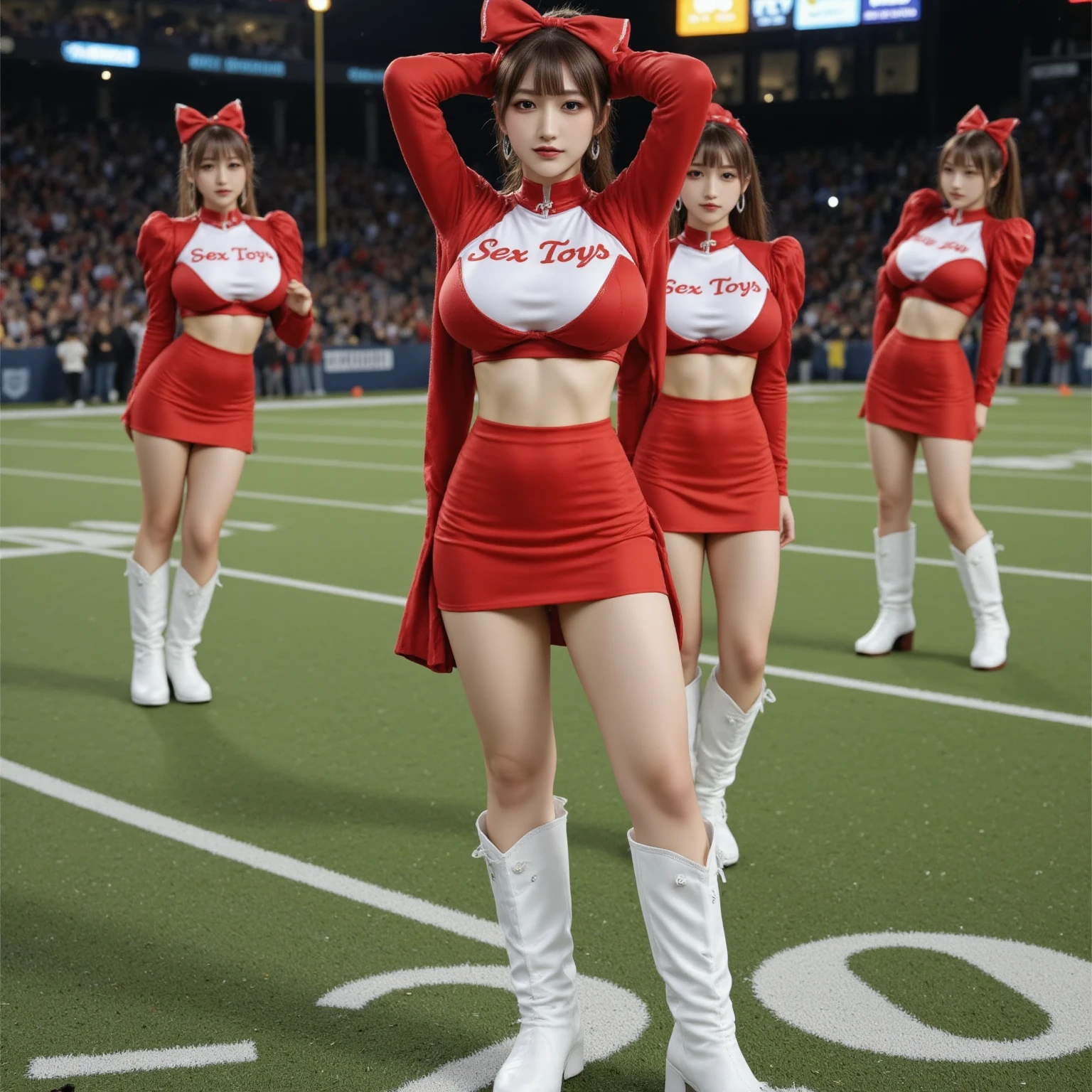 (8k), (Best quality), beautiful mature females, 30~40years old, milf, a group of cheerleaders is posing for a photo wearing cheerleader outfit and holding pom poms, crossed eyes, seductive face, lewd, curvy, thick thight, wide hips, huge lips:1.4, massive lips:1.4, bombi, full body