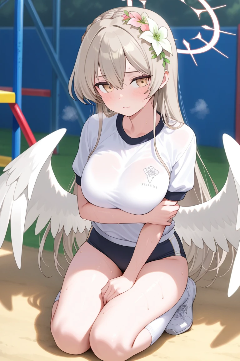 super high quality,Amane Kanata,black clothes。naked,naked足,nipple,Pussy,M-shaped spread legs,Put your hands on your stomach。,slender body,small breasts,whole body。short hair,On playground equipment,high heels,Pee。black tights。