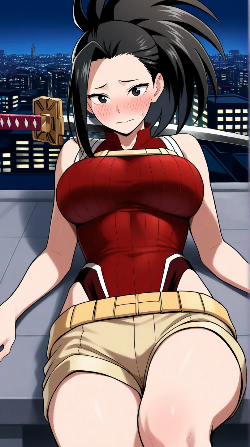 score_9, score_8_up, score_7_up, source_anime, yaoyorozumomo, yaoyorozu momo, long hair, bangs, black hair, ponytail, black eyes, high ponytail, wide ponytail, shouting, fighting stance, navel, cleavage, bare shoulders, belt, leotard, bare arms, center opening, red leotard, beltskirt, outdoors, cityscape, looking at viewer, upper body, huge breasts,S2Z0n1c21.5XL style, solo, girl, girl、Blushing cheeks、shyly smile、optic、large full breasts、hair pin、a necklace、piercings、Crawling on all fours on the bed、depth of fields、lickling lips、Tongue licking、Glossy reddish-brown shorthair、Black eyes、clavicle、Beautiful fingers、Hourglass body, Big breasts, large breasts, nipples shot,
