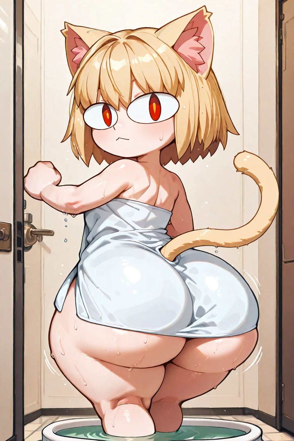 Neco-arc Character,  shortstack,cat ears, wearing Bath towel ,Huge wide butt,bottom heavy , cat tail,Blonde hair