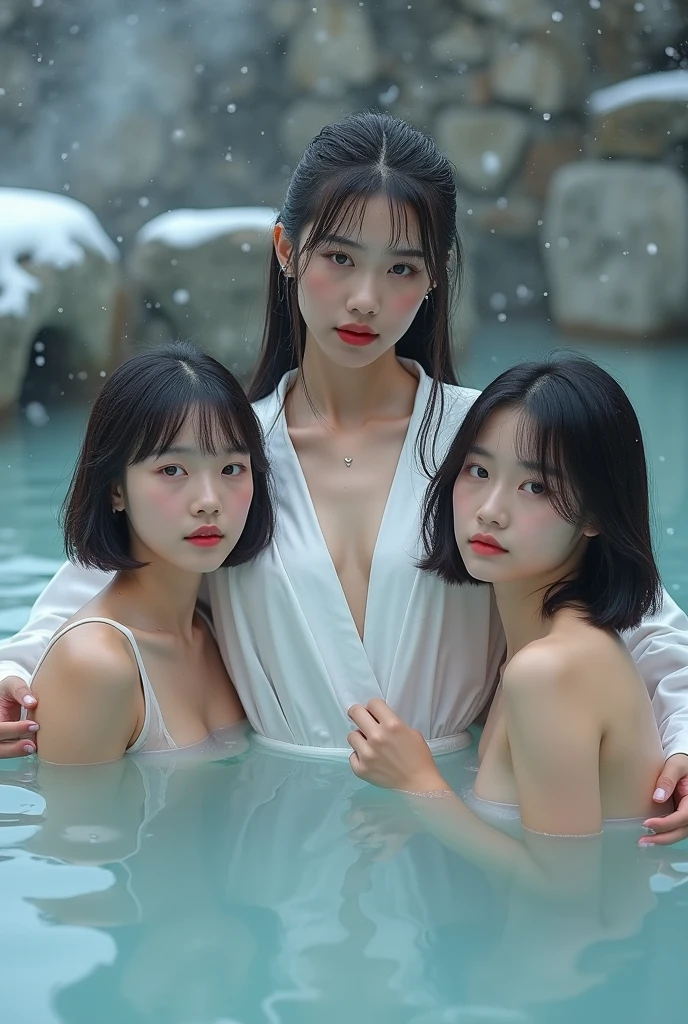((highest quality、masterpiece、8K、best image quality、ultra high resolution、Award-winning work)、(A group photo of five nude women from the naval up:1.2)、(Close-up of the nude faces of five beautiful women:1.2)、(accurate anatomy:1.1)、(Soak shoulder-deep in hot springs:1.2)、(the smile staring at me:1.1)、ultra high resolutionの輝く色白美肌、most detailed face、ultra high resolutionの詳細な顔、ultra high resolutionの髪の毛、ultra high resolutionの煌めく瞳、Beautiful face drawn in great detail、(Close-up of the faces of five beautiful women:1.1)、(blurred background:1.1)、very bright and vivid、beautiful japanese actress face、(A hot spring rich in nature nestled in an unexplored area deep in the mountains:1.1)、perfect and accurate hot springs、(White thick fog:1.2)、hot hot spring steam,((visible nipples:1.1)),(5 women with breasts of random sizes:1.5),(visible pubic hair:1.1),((snowing:1.3)),(wet skin:1.3),(wet hair:1.3),(night:1.6),