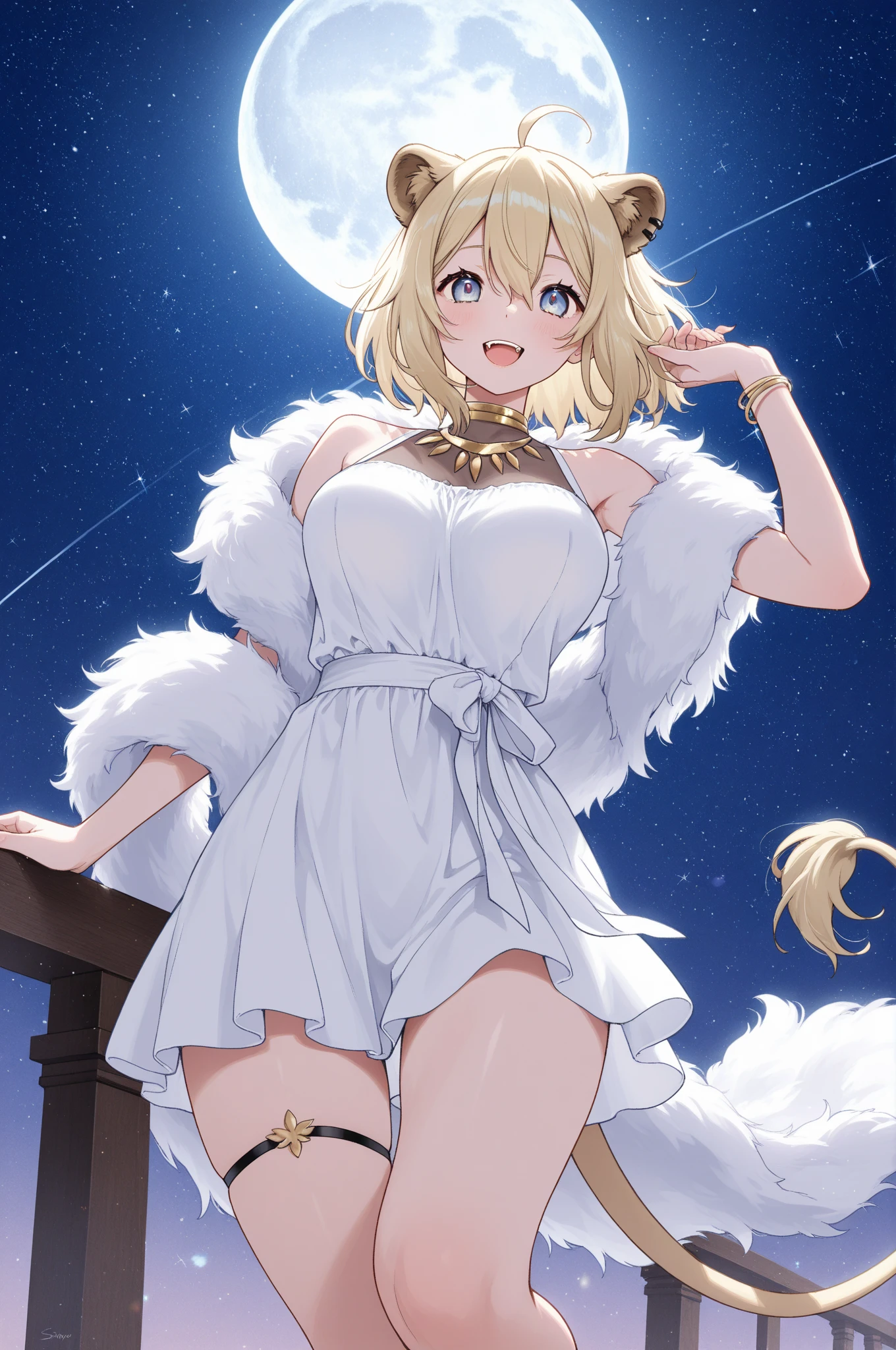 realist, 1 girl, Bob cut blonde hair, , bright eyes,big breasts, Top Cropped Deco Tade, short skirt, No panties, half-open lips, blush, night, Flores Island, sun, luz sunar,(Cat ear)、8k,vivid night、Different world、big moon、one piece bikini