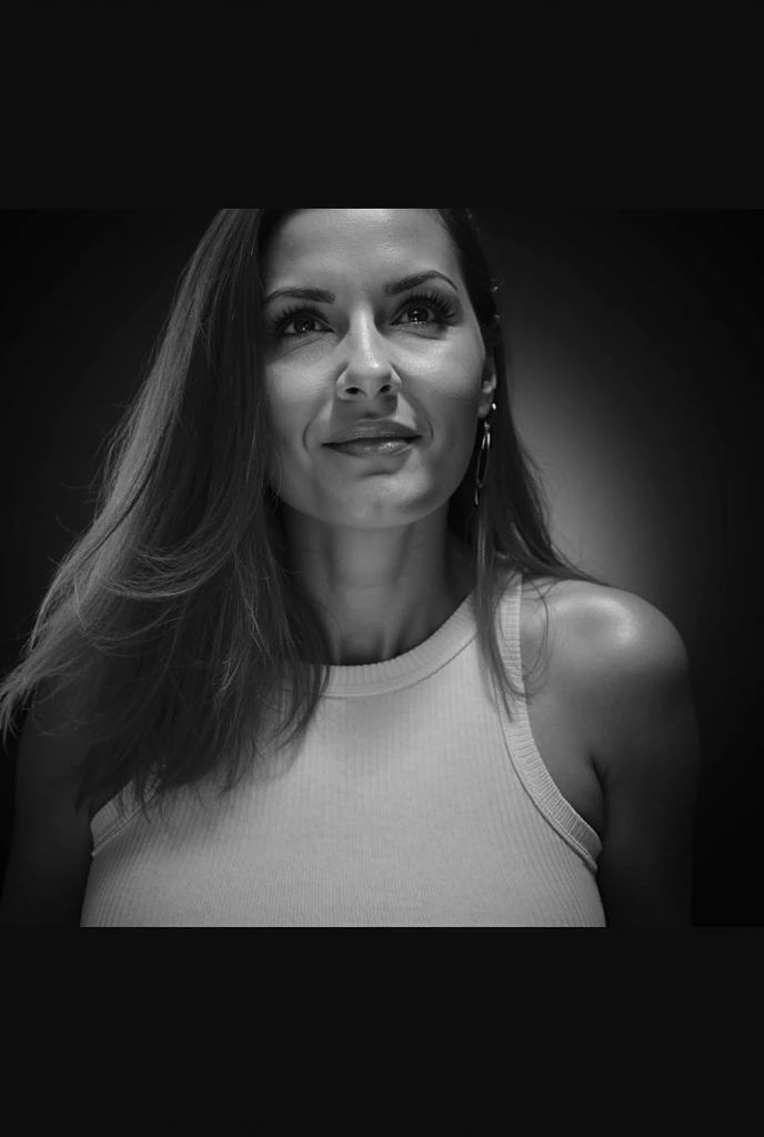 b&w photo of 42 y.o gorgeaus woman in black clothes, face, half body, body, high detailed skin, skin pores, coastline, overcast weather, wind, waves, 8k uhd, dslr, soft lighting, high quality, film grain, Fujifilm XT3