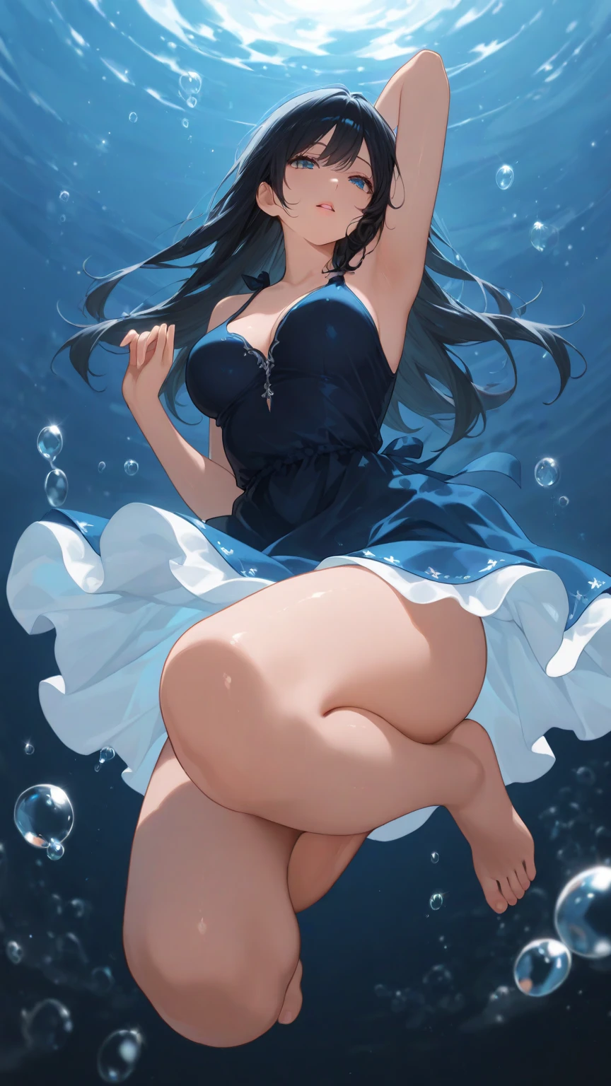 (masterpiece), best quality, expressive eyes, perfect face, ultra detailed, full body, lake background, blue eyes, dark hair, thicc thighs, very low-cut skirt, cleavage, stretch marks, large boobs, very tight strapless very short top, long curly hair, completely exposed belly
