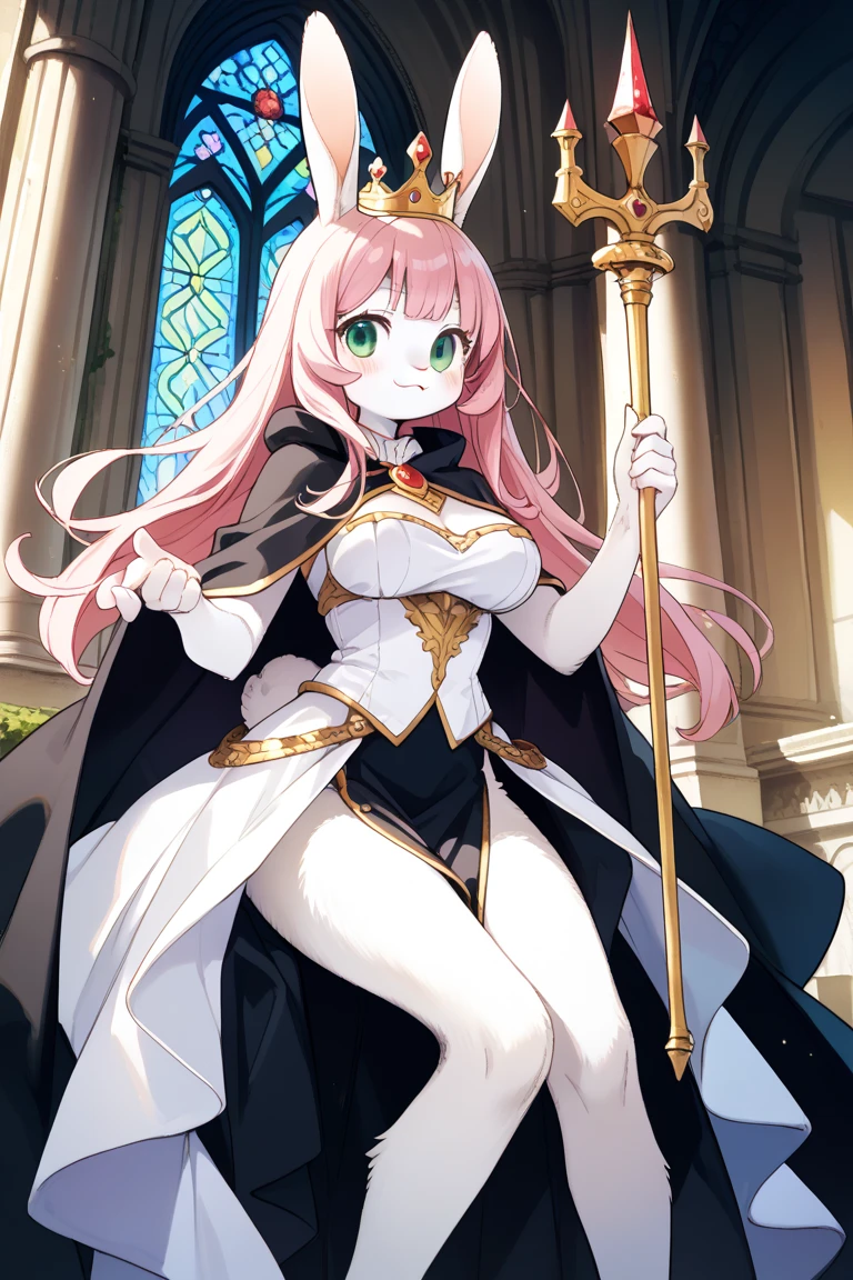 1 confident woman with floor-length pink hair, huge and big breasts, Futuristic royal costume in white with black and gold details, tall woman, blue detailed eyes, sitting on the throne of skulls , judgmental look, golden metal skulls, sovereign pose, cyberpunk queen