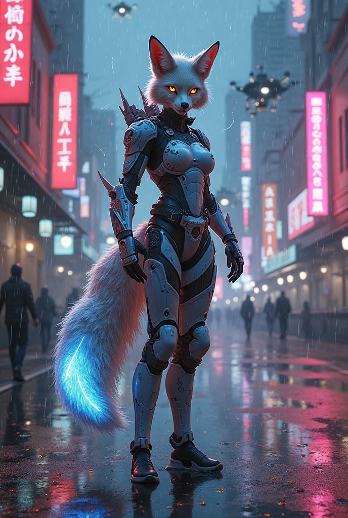 detailed background, cyberpunk cityscape, towering skyscrapers adorned with holographic billboards, snow-covered streets illuminated by neon lights, (furry female:1.2)snow leopard anthro with(luxurious white fur covered in silver circuit patterns):1.4), seamlessly integrated((cybernetic enhancements):1.3)enhancing her natural elegance and agility, glowing blue eyes piercing the darkness, sleek metallic claws extending from her fingertips, lithe and athletic build navigating the cyberpunk streets with grace.
