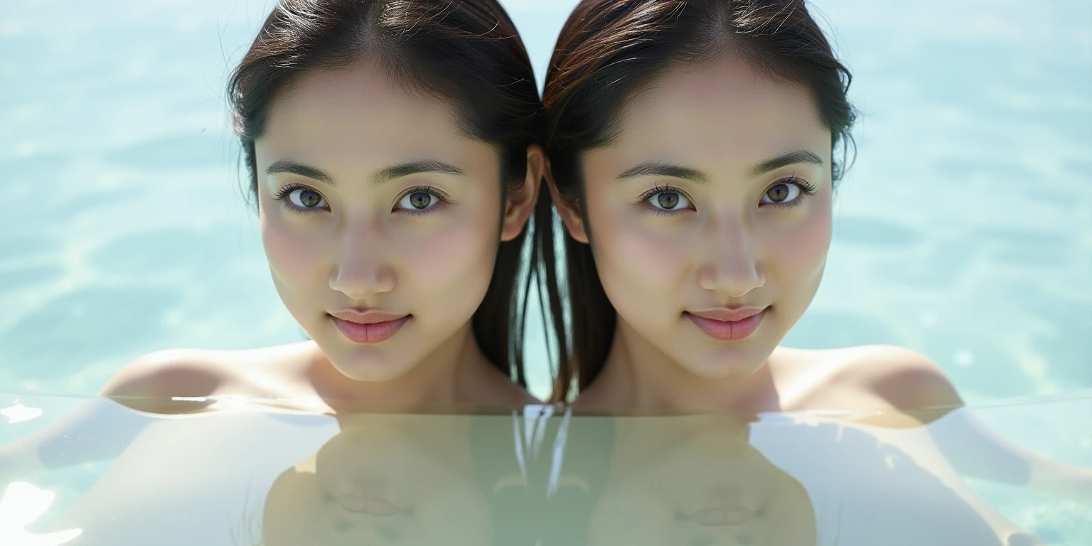 (1girl), Masterpiece, Best Quality, Ultra-realistic capture, Highly detailed, High resolution 16k, cute girl, natural white skin, (((natural saggy big breast:0.6, Height is 145cm, (round face:1.2), black hair, ponytail, dark brown eyes, thin lips, thin eyebrows))), coastal, white bikini, Morning walk, look back