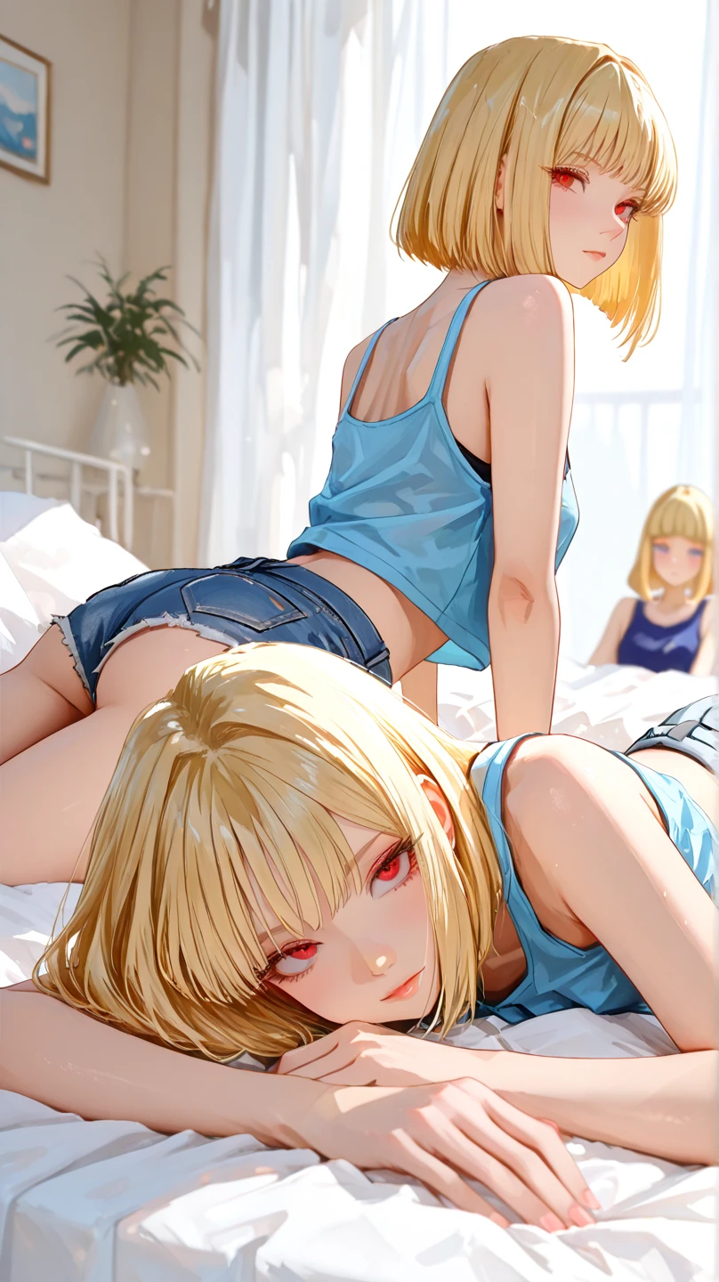 (woman)(child)(15 years old),(young),Baby Face,American,(masterpiece,Highest quality),(Perfect Face),((stomach)),((Underboob)),(Blonde,long hair),(belly button),belly button出し,stomach,arm,(Mini Camisole),Micro kirt flipped up、(Open button),(barefoot),(Metropolis)
