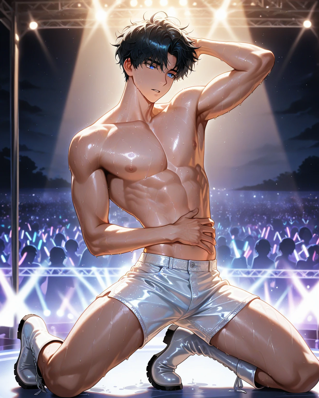 best quality, masterpiece, male DJ, medium length middle part pink hair, big headphones on one ear, muscular, exposed chest, thick dark public hair, flaccid uncut penis swinging, foreskin, dripping precum, energetically dancing behind mixer and turntable, crowd in the foreground hands up happily cheering him on, laser lights and RGB spotlights in the background, sexy, gay, homoerotic, ambient lighting, extremely dramatic shadows, best view, perfection, no watermark, no logo, no signature